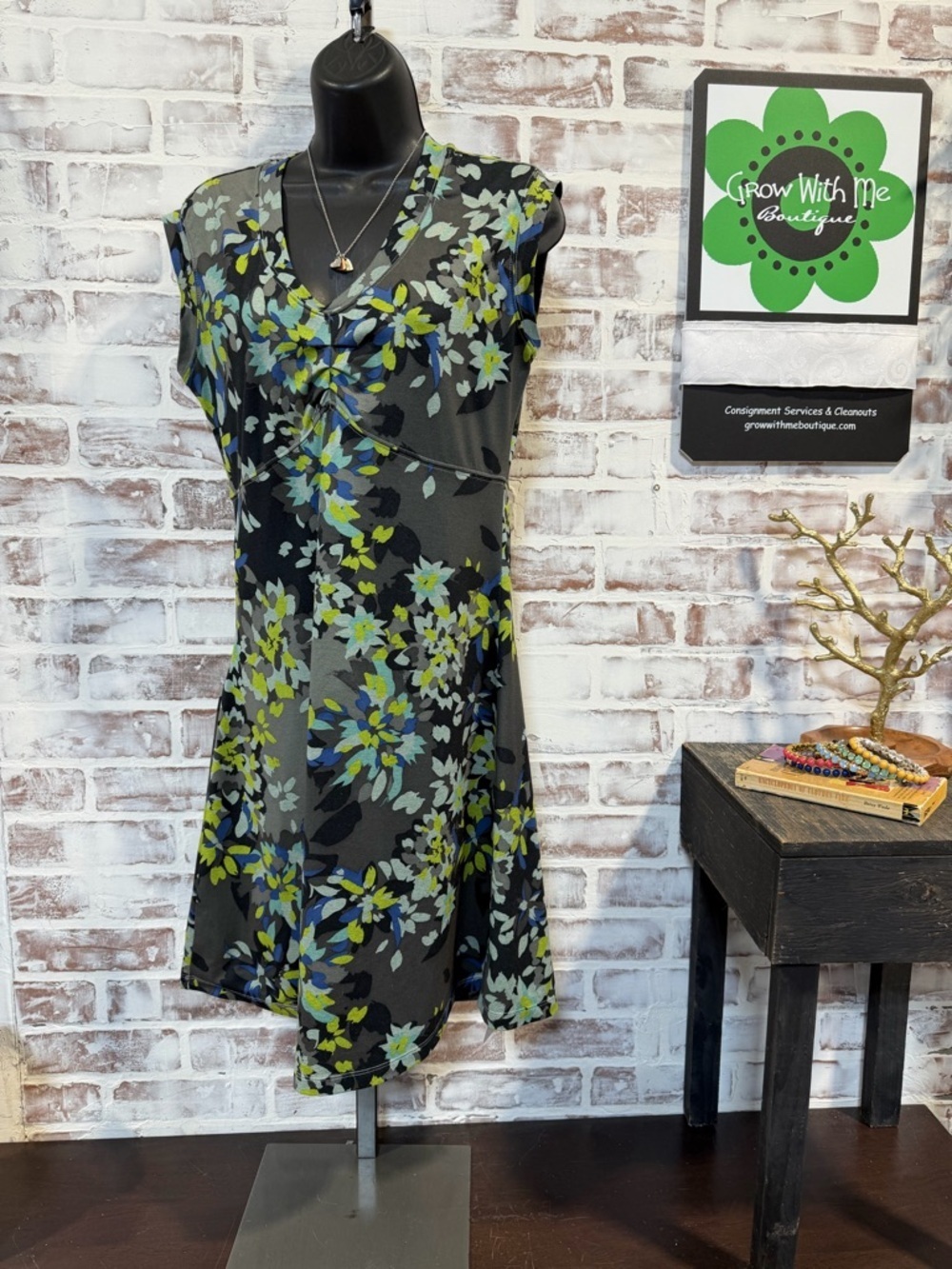 REI Black Floral Midi Dress with Green and Blue Accents